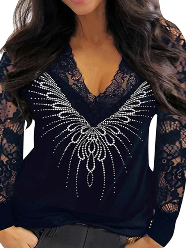 Women's Blouse Cotton Black Red Navy Blue Plain Lace Long Sleeve Daily Weekend Streetwear Basic V Neck Regular Fit Spring Fall Winter 3 Women's Blouse Cotton Black Red Navy Blue Plain Lace Long Sleeve Daily Weekend Streetwear Basic V Neck Regular Fit Spring Fall Winter