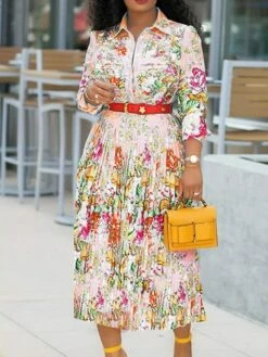 Women's Casual Dress Church Dress Midi Dress Light Pink 3/4 Length Sleeve Floral Print Fall Winter Autumn Shirt Collar Modern 2023 M L XL XXL