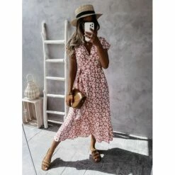 Women's Casual Dress Wrap Dress Floral Dress Midi Dress Black Pink Blue Short Sleeve Floral Lace Up Summer Spring V Neck Vacation Vacation Summer Dress 2023 S M L XL XXL -LIGHTINTHEBOX Shop rbestp1646922336587