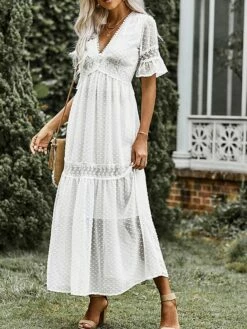 Women's Long Dress Maxi Dress Party Dress Casual Dress Sundress Pure Color Basic Casual Outdoor Daily Vacation Lace Patchwork Half Sleeve V Neck Dress Loose Fit White Summer Spring S M L XL XXL -LIGHTINTHEBOX Shop rbkipf1678356601586