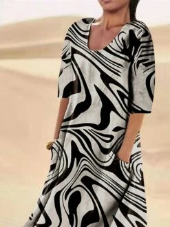 Women's Casual Dress Cotton Linen Dress Swing Dress Midi Dress Polyester Fashion Casual Daily Outdoor Daily Vacation Crew Neck Pocket Print 3/4 Length Sleeve Summer Spring Fall 2023 Regular Fit Black -LIGHTINTHEBOX Shop rbuvjl1690959736600