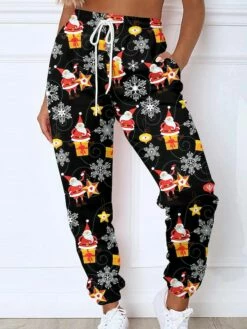 Women's Christmas Sweatpants Joggers Santa Gift Print Full Length Pocket Daily Xmas Wear Green Black Grey S 3XL Fall Winter
