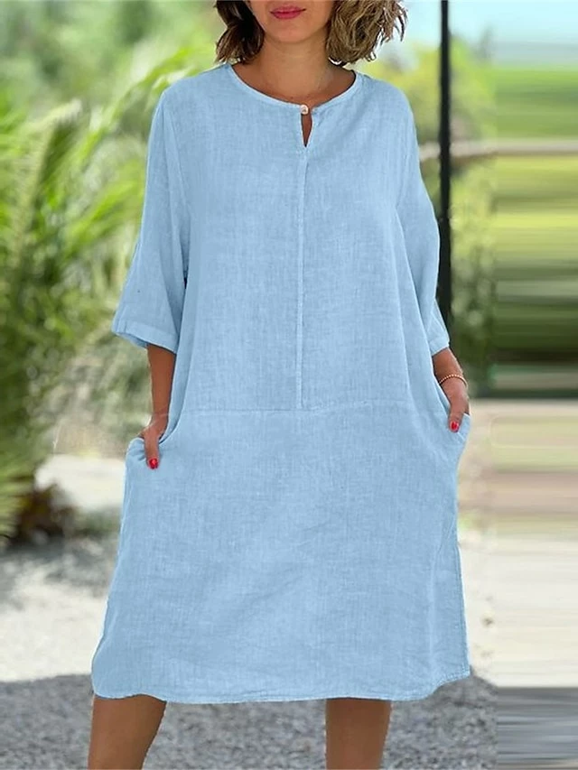 Women's Casual Dress Cotton Linen Dress Midi Dress Linen / Cotton Blend Daily Casual Daily Outdoor Vacation Weekend Crew Neck Button Pocket 3/4 Length Sleeve Summer Spring Fall 2023 Loose Fit Black 5 Women's Casual Dress Cotton Linen Dress Midi Dress Linen / Cotton Blend Daily Casual Daily Outdoor Vacation Weekend Crew Neck Button Pocket 3/4 Length Sleeve Summer Spring Fall 2023 Loose Fit Black - Image 3