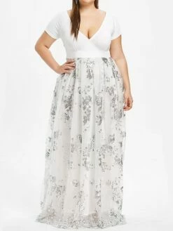 Women's Plus Size Swing Dress Solid Color V Neck Layered Short Sleeve Fall Prom Dresses Maxi Long Dress Party Dress