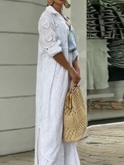 Women's Shirt Dress Casual Dress Cotton Dress Maxi Long Dress Cotton Modern Casual Outdoor Daily Vacation Shirt Collar Hollow Out Button Long Sleeve Summer Spring Fall 2023 Loose Fit White Plain S M -LIGHTINTHEBOX Shop rdxhqa1691143506205