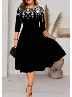 Women‘s Plus Size Curve A Line Dress Floral Crew Neck Print 3/4 Length Sleeve Spring Fall Elegant Casual Midi Dress Daily Vacation Dress 3D Print -LIGHTINTHEBOX Shop reiaeu1661854836294