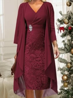 Women's Two Piece Dress Set Casual Dress Lace Dress Outdoor Daily Fashion Elegant Lace Patchwork Midi Dress V Neck Long Sleeve Plain Regular Fit Wine Blue Sky Blue Fall Winter S M L XL XXL