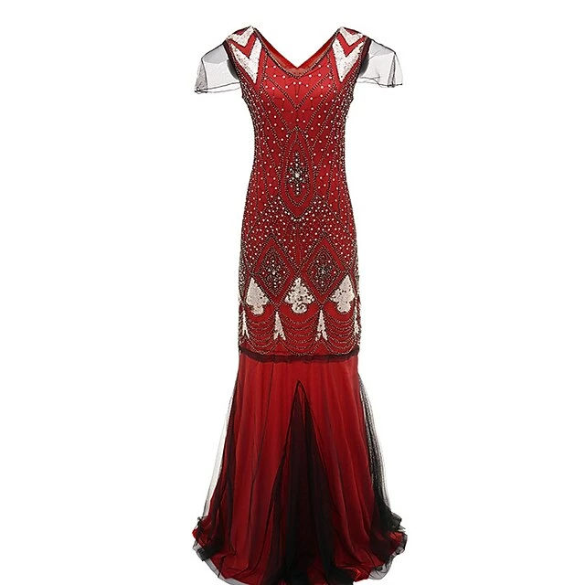 Women's Retro 1920s Sequin Dress Long Dress Maxi Dress Party Evening Party Sequins Mesh Geometric V Neck Short Sleeve Regular Fit Spring Fall 2023 Black Red S M L XL 7 Women's Retro 1920s Sequin Dress Long Dress Maxi Dress Party Evening Party Sequins Mesh Geometric V Neck Short Sleeve Regular Fit Spring Fall 2023 Black Red S M L XL - Image 5
