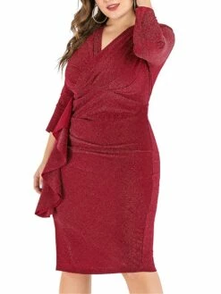Women‘s Plus Size Curve Work Dress Sheath Dress Semi Formal Dress Fashion Midi Dress Ruffle V Neck Long Sleeve Plain Regular Fit Black Wine Fall Winter XL XXL 3XL 4XL 5XL -LIGHTINTHEBOX Shop rfvnqr1691401477101