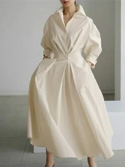 Women's Shirt Dress Linen Dress Swing Dress Long Dress Maxi Dress Green Black Beige Long Sleeve Pure Color Button Winter Fall Autumn Shirt Collar Mature Winter Dress Fall Dress Loose Fit 2022 S M L