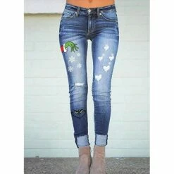Women's Jeans Distressed Jeans Denim Blue Fashion Christmas Xmas Street Casual Cut Out Ripped Micro-elastic Full Length Comfort Graphic S M L XL XXL / Print