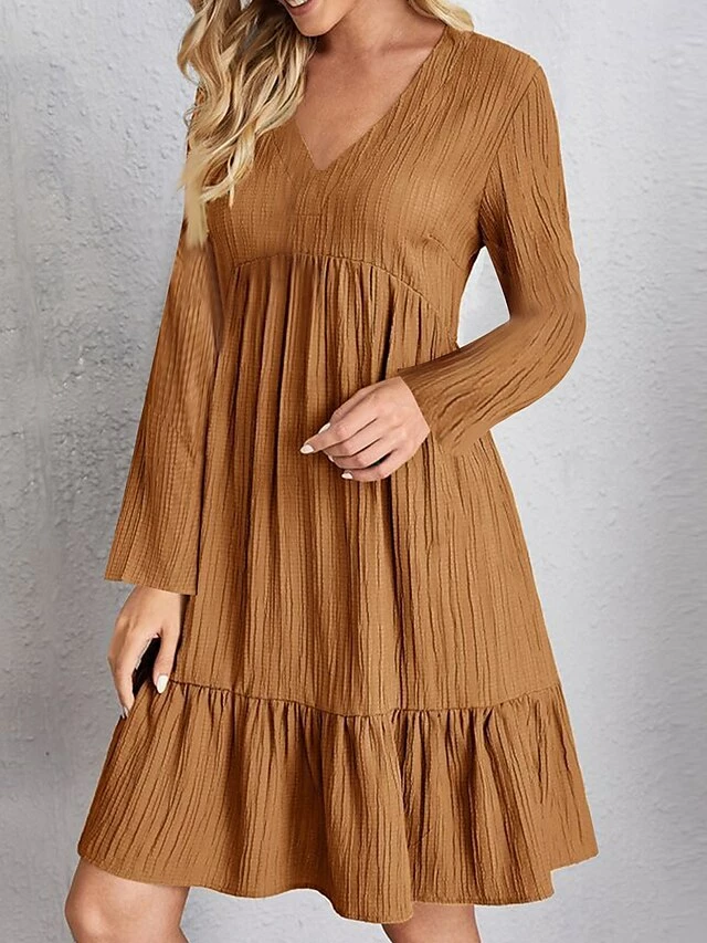 Women's Casual Dress Plain Dress Midi Dress Ruched Outdoor Street Daily Fashion Streetwear V Neck Long Sleeve 2023 Regular Fit Black Pink Red Color S M L XL XXL Size 8 Women's Casual Dress Plain Dress Midi Dress Ruched Outdoor Street Daily Fashion Streetwear V Neck Long Sleeve 2023 Regular Fit Black Pink Red Color S M L XL XXL Size - Image 6