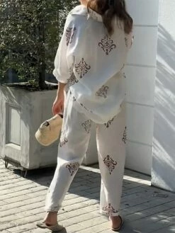 Women's Shirt Pants Sets White Graphic Print Long Sleeve Work Daily Fashion Shirt Collar Regular Fit Spring &Fall -LIGHTINTHEBOX Shop ridanq1693307527025