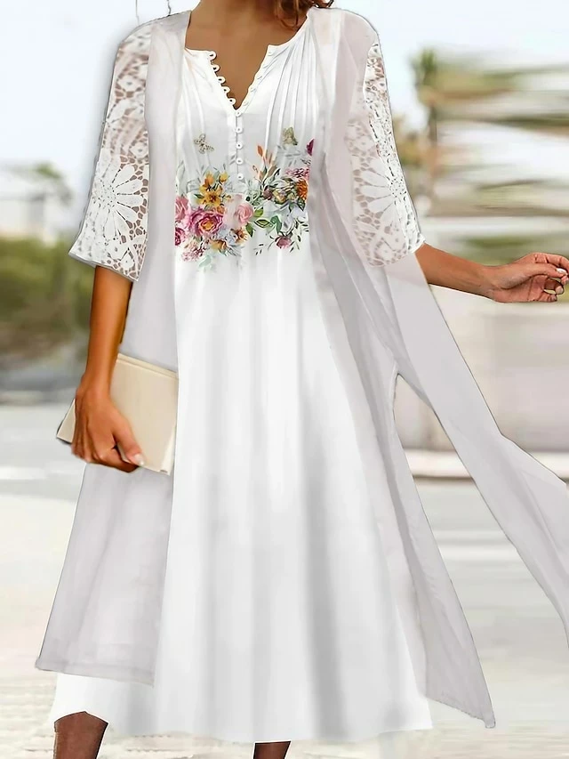 Women's Two Piece Dress Set Casual Dress Print Dress Daily Vacation Fashion Elegant Lace Button Midi Dress V Neck Half Sleeve Floral Regular Fit White Yellow Pink Summer Spring S M L XL XXL 3 Women's Two Piece Dress Set Casual Dress Print Dress Daily Vacation Fashion Elegant Lace Button Midi Dress V Neck Half Sleeve Floral Regular Fit White Yellow Pink Summer Spring S M L XL XXL