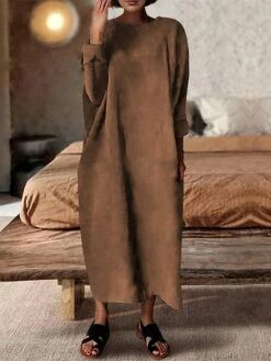 Women's Casual Dress Linen Dress Midi Dress Linen Classic Casual Outdoor Daily Vacation Crew Neck Ruched Long Sleeve Spring Fall Winter 2023 Loose Fit ArmyGreen Pink Blue Plain S M L XL 2XL