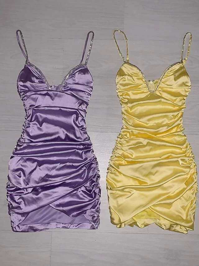 Women's Party Dress Homecoming Dress Satin Dress Mini Dress Yellow Purple Sleeveless Pure Color Ruched Summer Spring V Neck Fashion Party 2022 S M L XL 6 Women's Party Dress Homecoming Dress Satin Dress Mini Dress Yellow Purple Sleeveless Pure Color Ruched Summer Spring V Neck Fashion Party 2022 S M L XL - Image 4