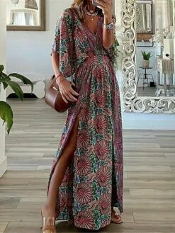 Women's Casual Dress Ethnic Dress Swing Dress Floral Tribal Split Print V Neck Long Dress Maxi Dress Vintage Ethnic Outdoor Street Half Sleeve Loose Fit Yellow Red Blue Summer Spring S M L XL XXL