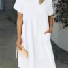 Women's Casual Dress Cotton Linen Dress Shift Dress Midi Dress Cotton Blend Basic Casual Daily Holiday Vacation Crew Neck Pocket Short Sleeve Summer Spring 2023 Loose Fit White Pink Blue Pure Color S -LIGHTINTHEBOX Shop rjccjc1657786378112
