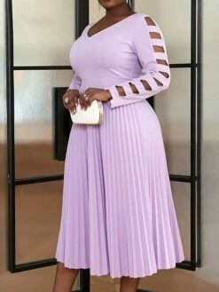 Women's Plus Size Curve Party Dress Work Dress Swing Dress Plain Midi Dress Long Sleeve Pleated Cut Out V Neck Fashion Party Purple Fall Winter XL XXL 3XL 4XL -LIGHTINTHEBOX Shop rjiysx1694165772870
