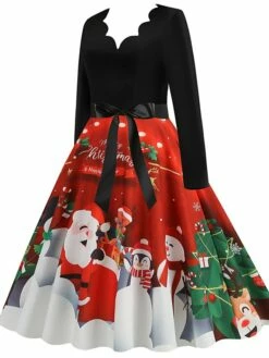 Women's Christmas Casual Dress Swing Dress Midi Dress Green Wine Light Red Fuchsia Red Long Sleeve Santa Claus Elk Bow Print Winter Fall V Neck Vacation Vintage 2022 S M L XL XXL 3XL -LIGHTINTHEBOX Shop rjnnqt1666761911526