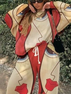 Women's Sweatshirt Pants Sets White Yellow Beige Printing Long Sleeve Daily Vacation Active Streetwear Crew Neck Loose Fit Fall & Winter -LIGHTINTHEBOX Shop rkggfa1634379336879