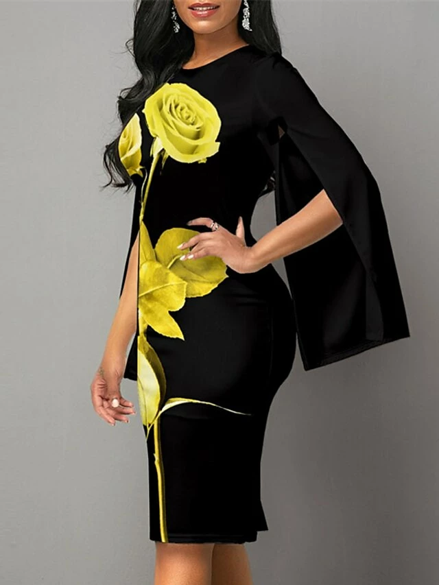 Women's Bodycon Sheath Dress Church Dress Midi Dress Black White Long Sleeve Floral Split Summer Spring Crew Neck Stylish Winter Dress Fall Dress 2023 S M L XL XXL 4 Women's Bodycon Sheath Dress Church Dress Midi Dress Black White Long Sleeve Floral Split Summer Spring Crew Neck Stylish Winter Dress Fall Dress 2023 S M L XL XXL - Image 2