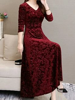 Women's Party Dress Velvet Dress Swing Dress Midi Dress Black Red Green Long Sleeve Floral Jacquard Spring Fall Winter V Neck Fashion Winter Dress Wedding Guest Vacation Slim 2023 M L XL XXL 3XL -LIGHTINTHEBOX Shop rlvktm1630489602378