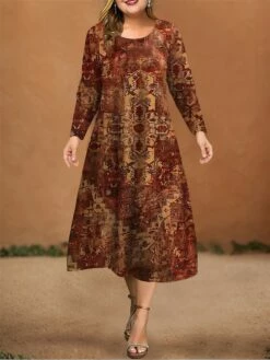 Women's Plus Size Curve Christmas Dress Casual Dress Vintage Dress Geometric Color Block Midi Dress Long Sleeve Print Crew Neck African Outdoor Yellow Brown Fall Winter L XL XXL 3XL 4XL