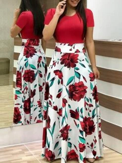 Women's Shift Dress Maxi Long Dress White Black Red Blushing Pink Green Short Sleeve Floral Patchwork Print Fall Winter Round Neck Hot Chinoiserie Batwing Sleeve Cotton 2021 S M L XL XXL -LIGHTINTHEBOX Shop rmfmyj1599205785255