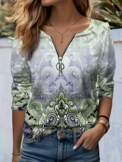 Women's T Shirt Tee Pink Blue Purple Graphic Quarter Zip Print Long Sleeve Daily Weekend Fashion V Neck Regular Fit Painting Spring &Fall -LIGHTINTHEBOX Shop rmphqj1695034604992