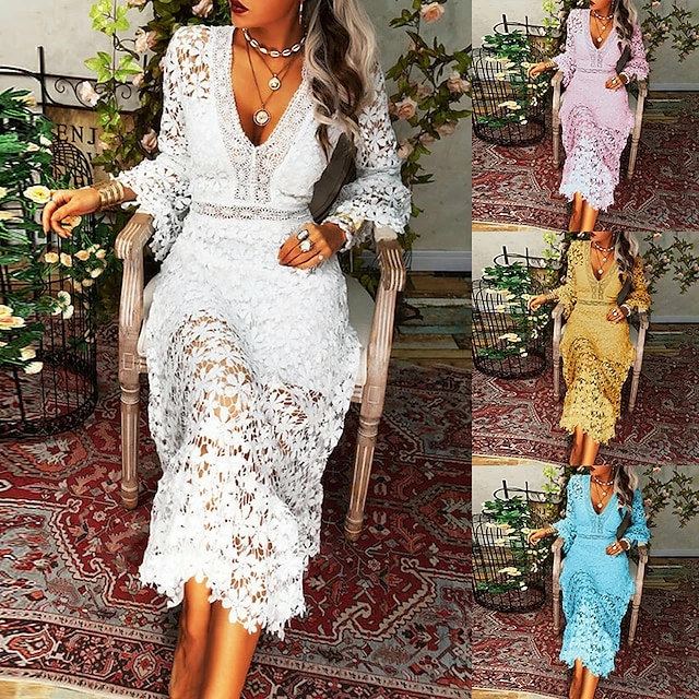 Women's Party Dress Lace Dress Homecoming Dress Long Dress Maxi Dress White Yellow Pink Long Sleeve Pure Color Lace Summer Spring Fall Deep V Fashion Winter Dress Birthday Wedding Guest 2022 S M L XL 4 Women's Party Dress Lace Dress Homecoming Dress Long Dress Maxi Dress White Yellow Pink Long Sleeve Pure Color Lace Summer Spring Fall Deep V Fashion Winter Dress Birthday Wedding Guest 2022 S M L XL - Image 2