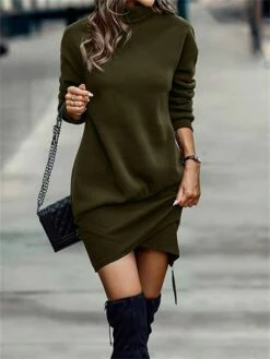 Women's Casual Dress Sweatshirt Dress Winter Dress Mini Dress Asymmetrical Outdoor Street Daily Fashion Streetwear Stand Collar Long Sleeve 2023 Loose Fit Black Wine Army Green Color S M L XL XXL Size -LIGHTINTHEBOX Shop rnauas1693559003855