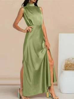 Women's Prom Dress Party Dress Satin Dress Long Dress Maxi Dress Black Light Green Wine Sleeveless Pure Color Split Summer Spring Stand Collar Fashion Evening Party Wedding Guest Vacation Loose Fit -LIGHTINTHEBOX Shop rngbcg1678413540240