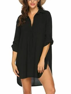 Women's Shirt Dress Cover Up Beach Wear Mini Dress Pocket Split Basic Casual Plain Turndown 3/4 Length Sleeve Loose Fit Outdoor Daily Black 2023 Summer Spring S M L XL