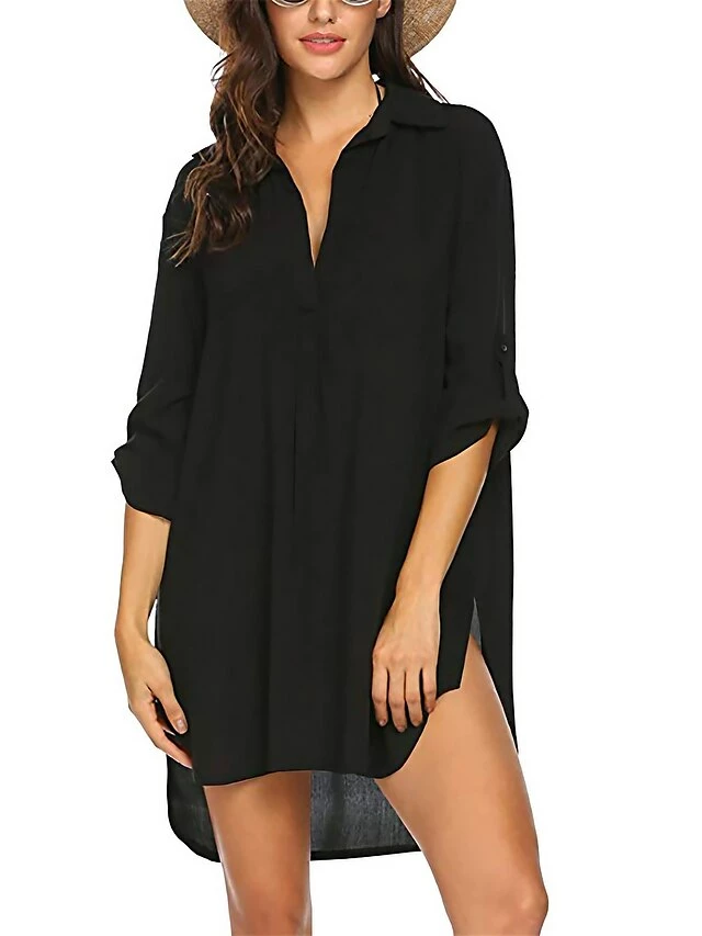 Women's Shirt Dress Cover Up Beach Wear Mini Dress Pocket Split Basic Casual Plain Turndown 3/4 Length Sleeve Loose Fit Outdoor Daily Black 2023 Summer Spring S M L XL 3 Women's Shirt Dress Cover Up Beach Wear Mini Dress Pocket Split Basic Casual Plain Turndown 3/4 Length Sleeve Loose Fit Outdoor Daily Black 2023 Summer Spring S M L XL