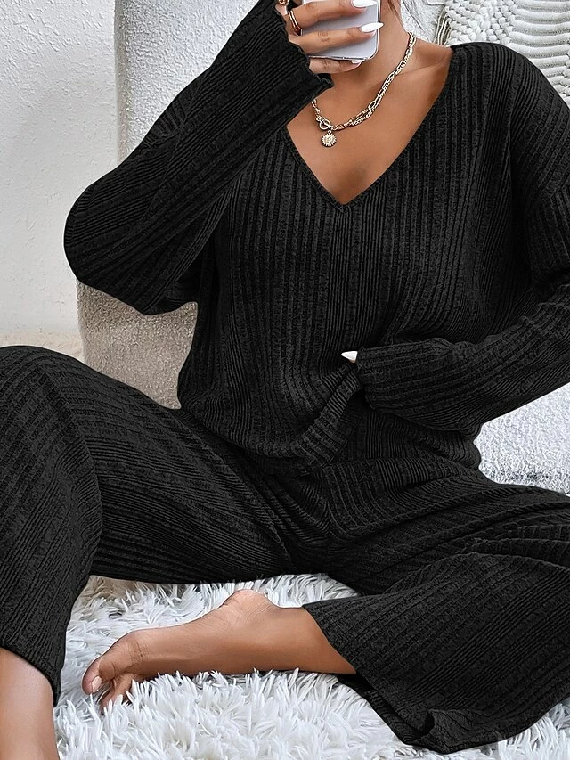 Women's Shirt Pants Sets Dark Grey Black Pink Solid Color Long Sleeve Casual Daily Daily V Neck Regular Fit Spring &Fall 11 Women's Shirt Pants Sets Dark Grey Black Pink Solid Color Long Sleeve Casual Daily Daily V Neck Regular Fit Spring &Fall - Image 9