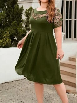 Women's Plus Size Curve Party Dress Lace Dress Semi Formal Dress Solid Color Midi Dress Short Sleeve Lace Crew Neck Fashion Party ArmyGreen Black Fall Winter XL XXL 3XL 4XL -LIGHTINTHEBOX Shop rouykh1695813618118