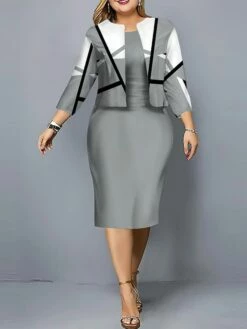 Women's Plus Size Curve Casual Dress Black Dress Set Two Piece Dress Geometric Color Block Midi Dress Long Sleeve Print Crew Neck Fashion Outdoor