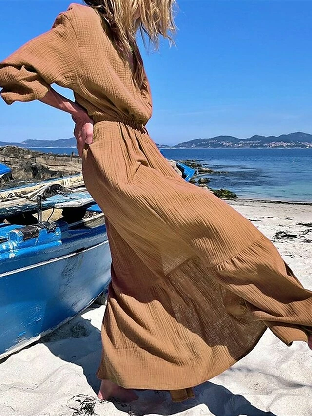 Women's Casual Dress Cotton Linen Dress Wrap Dress Maxi Long Dress Polyester Fashion Classic Outdoor Daily Holiday V Neck Ruffle Cut Out Long Sleeve Summer Spring Fall 2023 Loose Fit Brown Green Rose 11 Women's Casual Dress Cotton Linen Dress Wrap Dress Maxi Long Dress Polyester Fashion Classic Outdoor Daily Holiday V Neck Ruffle Cut Out Long Sleeve Summer Spring Fall 2023 Loose Fit Brown Green Rose - Image 9