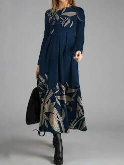 Women's Casual Dress Winter Dress A Line Dress Leaf Floral Ruched Patchwork Crew Neck Long Dress Maxi Dress Fashion Streetwear Outdoor Daily Long Sleeve Regular Fit Black Navy Blue Fall Winter S M L