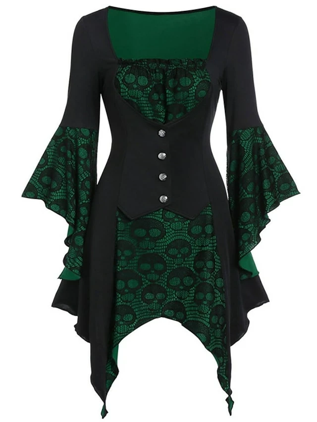 Women's Shirt Halloween Shirt Blouse Wine Purple Green Skull Lace Asymmetric Long Sleeve Casual Fashion Square Neck Regular Fit Bell Sleeve Spring &Fall 4 Women's Shirt Halloween Shirt Blouse Wine Purple Green Skull Lace Asymmetric Long Sleeve Casual Fashion Square Neck Regular Fit Bell Sleeve Spring &Fall - Image 2