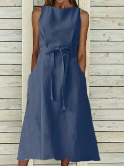 Women's Casual Dress Cotton Linen Dress A Line Dress Midi Dress Cotton And Linen Basic Classic Outdoor Daily Vacation Crew Neck Lace Up Sleeveless Summer Spring 2023 Regular Fit Navy Blue Orange -LIGHTINTHEBOX Shop rrmxrb1682303569761