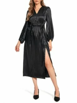 Women's Work Dress Satin Dress Black Dress Fashion Midi Dress Split V Neck Long Sleeve Plain Loose Fit Black Fall Winter S M L XL XXL