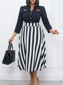 Women's Work Dress Swing Dress Semi Formal Dress Fashion Midi Dress Button Fake Two Piece V Neck Long Sleeve Stripe Regular Fit Black Fall Winter L XL XXL