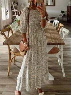 Women's A Line Dress Maxi Long Dress Beige 3/4 Length Sleeve Floral Print Spring Summer Round Neck Stylish Work Casual 2021 S M L XL XXL
