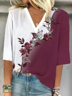 Women's T Shirt Tee Black Red Blue Floral Print Half Sleeve Holiday Weekend Basic V Neck Regular Fit Floral Painting