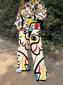 Women's Sweatshirt Pants Sets White Yellow Beige Printing Long Sleeve Daily Vacation Active Streetwear Crew Neck Loose Fit Fall & Winter