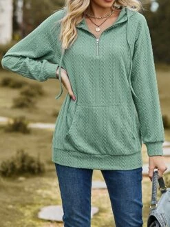 Hoodie Women's Black Pink Wine Solid / Plain Color Front Pocket Quarter Zip Daily Daily Hooded Regular Fit S