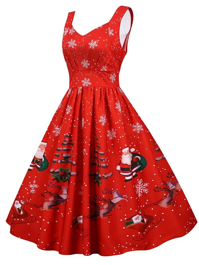 Women's Christmas Knee Length Dress Purple Black Red Navy Blue Light Blue Sleeveless Print Bow Print Fall Winter V Neck Casual Vintage2021 S M L XL XXL 10 Women's Christmas Knee Length Dress Purple Black Red Navy Blue Light Blue Sleeveless Print Bow Print Fall Winter V Neck Casual Vintage2021 S M L XL XXL - Image 8