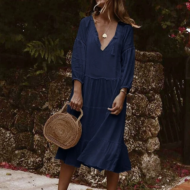 Women's Casual Dress Midi Dress White Red Dark Blue 3/4 Length Sleeve Pure Color Ruched Summer Spring V Neck Casual Loose Fit 2023 S M L XL XXL 8 Women's Casual Dress Midi Dress White Red Dark Blue 3/4 Length Sleeve Pure Color Ruched Summer Spring V Neck Casual Loose Fit 2023 S M L XL XXL - Image 6